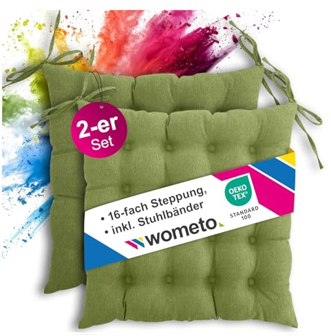 wometo Lot de 2 coussins de chaise avec liens/boucles - Certifié Oeko-Tex - 40 x 40 cm - Vert prairie - Coussin de chaise pour intérieur et extérieur (2 pièces)