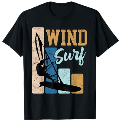 Coole Wasserport und Surf Urlaub Geschenke Windsurfer Geschenk Windsurf Vintage Retro Surfer T-Shirt für Damen und Herren in Schwarz mit Halbarm und Rundhals-Ausschnitt, Klassische Passform, Sommer, S