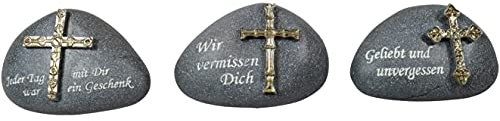 CHICCIE 3 Set Grabschmuck Stein Kreuz Grau 8cm - Grabdeko Dekoration Grab