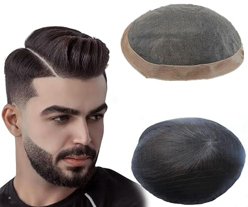NLW Echthaar Toupet Männer Feines Mono Center mit Poly Around Haarsystem Mann Natürliches Echthaar Stück für Männer (#1B 9 * 7)