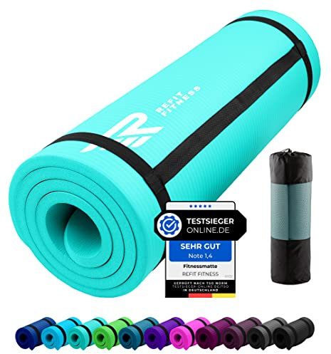 REFIT FITNESS Gymnastikmatte Profi 190 x 60 x 1.0 cm Türkis PainProtect SmartCell NBR rutschfeste Yoga Matte Pilates Sport Gymnastik Yogamatte 10 MM Sportmatte Tragegurt Tasche