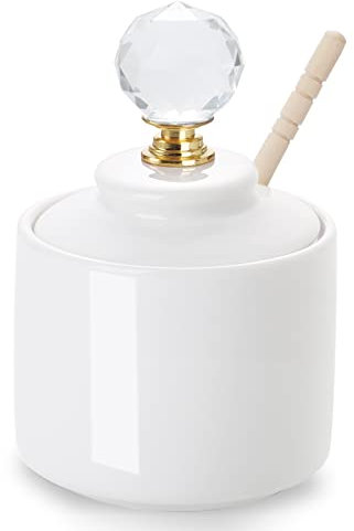 ONTUBE Small Porcelain Honey Jar with Crystal Lid and Stick,Mini Ceramic Honey Pot 8oz (round gold)