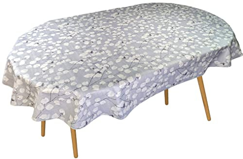 Karina Home Oval Wipe Clean Tablecloth Honesty Floral Leaves Grey Vinyl PVC 180cm x 140cm Oval
