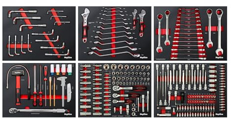 Mephisto 6 Werkzeugwageneinlagen Werkzeug wie Ratschen-Set, Steckschlüssel | Ratschenringmaulschlüssel, Rollgabelschlüssel, gekröpfte Ringschlüssel, Fäustling usw. in Soft Inlay mit Carbon Lock
