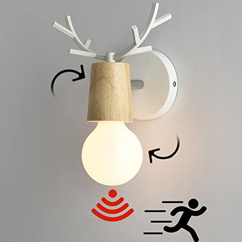 Wandlampe mit LED Glühbirne Bewegungsmelder Holz Wandleuchte mit Tageslichtsensor Birnen E27 9W 3000K Modern Flur Sensorlampe mit Sensor Leuchtmittel für Treppe Wohnzimmer Balkon Küche Leuchte,Weiß