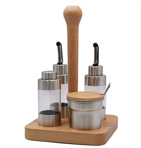 Rfeeuubft 5Pcs Wooden Holder for Kitchen Cooking Tool Metal Cruet Condiment Spice Pepper Jar Box Seasoning Storage Container Pot Rack Set Square