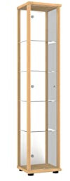 K-Möbel Standvitrine (176x37x33cm) - Made in Germany - Vitrinenschrank Buche mit 4 höhenverstellbaren Glasböden & Spiegel - Glasvitrine Stehend - Vitrine Glas - Display Cabinet
