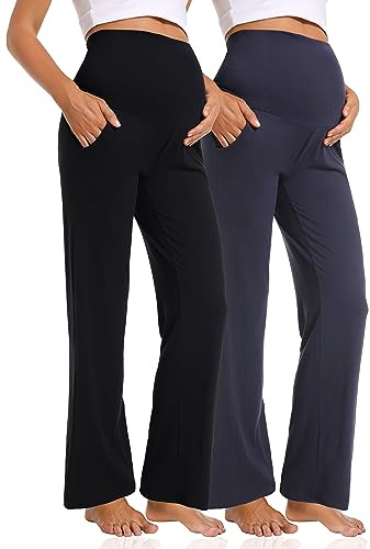 Foucome Women's Maternity Trousers Casual Loose Cozy Wide Leg Pants Pregnancy Lounge Work Trousers with Pockets (Black/Navy, XL)