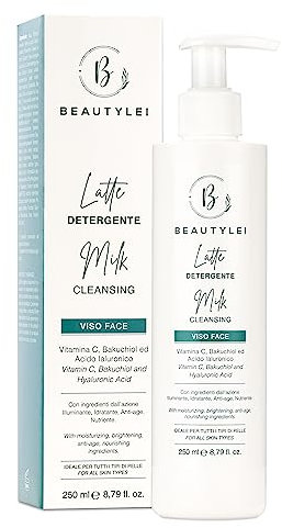 BEAUTYLEI | Latte Detergente Viso Biologico | Vitamina C Acido Ialuronico Bakuchiol Avena | Struccante Idratante Anti-Age Nutriente Anti Acne Brufoli | Tutti tipi di pelle | MADE IN ITALY