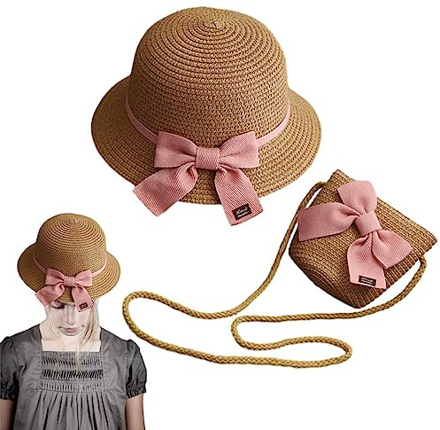 Qihuyi Niñas Paja Y Monedero - Paja para niños | Conjunto Monedero y protección Solar Transpirable para niña pequeña con Lazo para Viajar