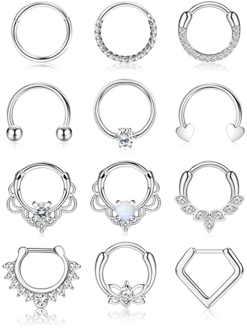 JeweBella 12Pcs Septum Piercing Jewellery Surgical Steel 16G Nose Rings for Women Girls Clicker Hinged Septum Ring Set Daith Helix Tragus Hoop Earrings Lip Nose Piercing Jewellery 8/10mm