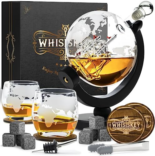 Whisiskey Decantador de Whisky - Jarra de whisky - Decantador 900ml - Set de Regalo de Whisky - Regalos Originales para Hombres - 2 Vasos de Whiskey x 285ML, 8 Piedras de Whisky, Accesorios