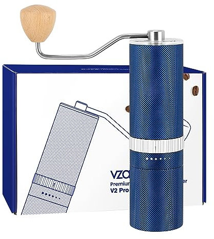 Vzaahu Manual Coffee Grinder,External Adjustable Coarseness 6 Level,CNC Stainless Steel Conical Burr Core,Color Blue,Diamonds Aluminum Alloy Body,Beech Bandle
