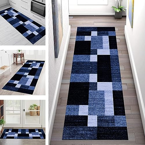 Läufer Teppich Lang Flur rutschfest Waschbar Küchenläufer Korridor Tepiche 60X250CM Dunkelblau Schwarz Teppichmatten Meterware Teppich Läufer Küchen Schlafzimmer Wohnzimmer Polyester Breit 40-120cm
