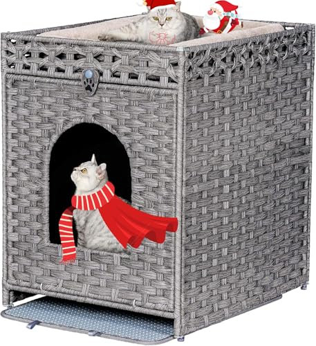 Snughome Caja de arena para gatos con alfombrilla de arena para gatos, muebles ocultos de baño para gatos con puerta, caja de baño de ratán tejida a mano, almacenamiento interior de casa para mascotas
