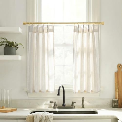 Lino Rosa Pinch Pleat Cafe Curtains 24 Inch Length for Kitchen Window Over Sink, Cream Linen Light Filtering Sheer Farmhouse Style Mini Tier Half Curtains for Windows, 24 W x 24 L