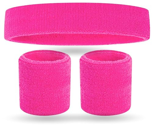 Costumed 5x Schweißband Set pink & Stirnband: Accessoire Vokuhila Kostüme Retro-Neon-Stil - 80er & 90er - Fasching und Karneval (5x)