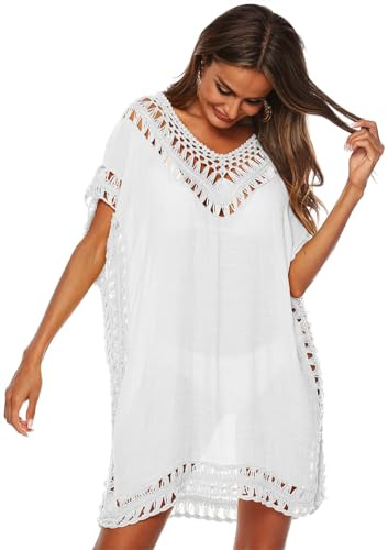 KANDEMY Damen Sommer Bikini Cover Up V-Ausschnitt Strand Poncho Strandkleid mit Cutout Crochet Badeanzug Sommer Kleider für Urlaub