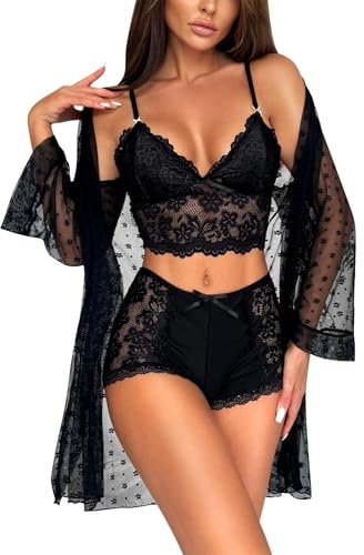 RSLOVE Sexy Dessous Set für Damen - Spitzen Unterwäsche Morgenmantel mit BH und Höschen