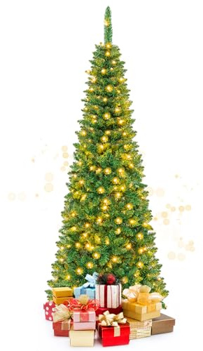 KOMFOTTEU Albero di Natale Artificiale 135/200/225 cm, Albero di Natale con Luci LED Incorporate e Supporto in Metallo, Christmas Tree con Rami in PVC, per Casa, Negozio, Ufficio, Feste (M)