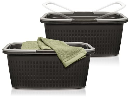 Hausfelder Wäschewanne mit Henkel 35l, Wäschekorb groß stabil 2er Set, Kunststoff Wäschekorb tragbar mit Griff 58x37x25cm (Anthrazit-Schwarz)