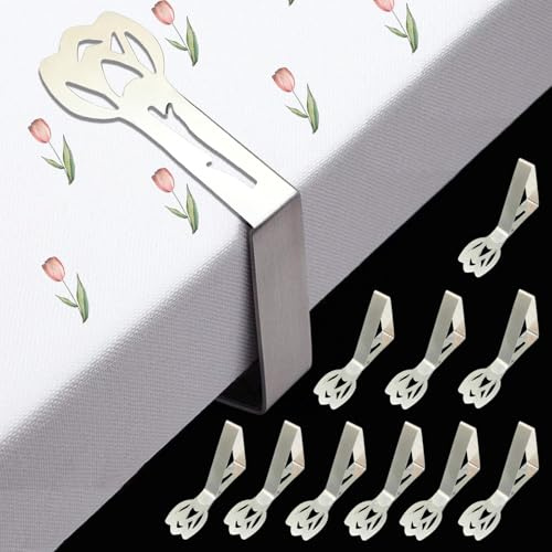 CUNGLIN Tischtuchklammern Edelstahl 10 Stück, Tischdeckenklammer Tischabdeckungsklemmen für Dicke Tische, Gartentisch, Restaurant, Familie Esstisch Draußen Tischdecke Clips (Silber-Tulpe)