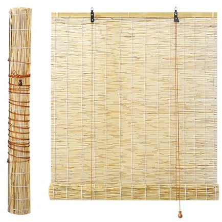 Bamboo Shades Bamboo Blinds for Window Shutters Outdoor Roller Blinds Waterproof Anti-UV 70% Blackout Roman Blinds for Garden Patio Kitchen Curtain 55 65 90 100 120 125 130 140 150 160cm Wide(Natural
