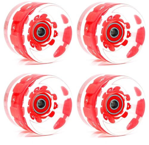 65 x 45 mm Land-Surfboard-Leuchtrad, transparentes Flash-Rad, Skateboard, dynamisches Board, Longboard, zweifarbiges Schneeflockenrad, 4er-Pack Rollschuhräder,Rot