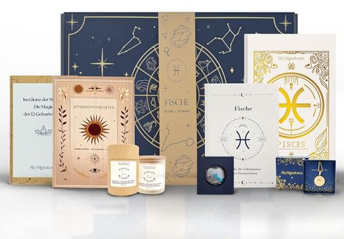Galaxieregister Fische Sternzeichen Geschenkset– Luxuriöse Astrologie-Box mit Duftkerze, Journal, Geburtsstein-Anhänger, Affirmationskarten & Sternzeichen-Kette - Mediation, Geschenk für Frauen