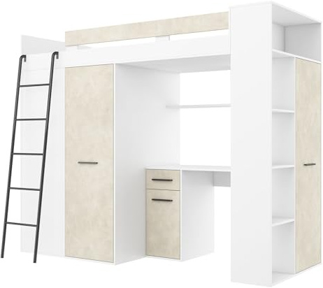 FurnitureByJDM Hochbett mit Schreibtisch, Kleiderschrank und Bücherregal