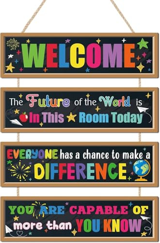 TOARTi 4Pcs Welcome to Classroom Wooden Door Sign,Motivational Saying Wood Hanging,Colorful Classroom Wall Hanging,Inspirational Educational Quote Hanger for Elementary Middle School