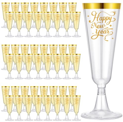 Jingmore 48 Pack 2026 Happy New Year Gold Rimmed Plastic Champagne Flutes Cheer to 2026 Celebration New Years Eve Party Supplies 5oz Disposable Cocktail Cups Transparent Party Favors Drinkware