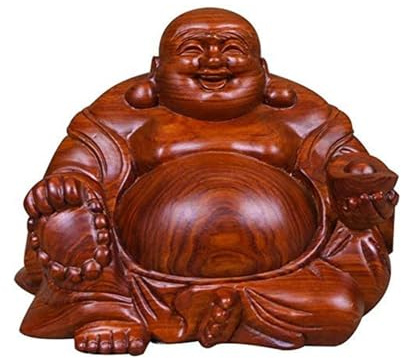 Buddha Statue – Heimdekoration Ornamente – Desktop Kunststatue, handgeschnitzt, roter haltender Barren, lachende Buddhas aus Holz, Hotei Happy Buddha Figur, zieht Glück und Reichtum an(13*9*10cm)