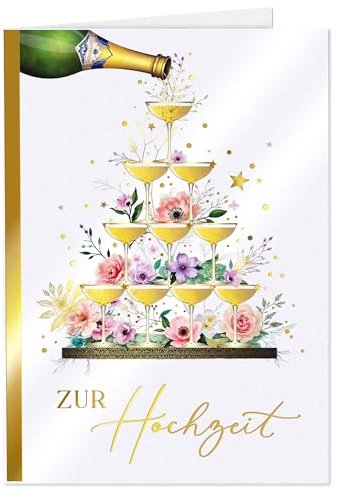 Joli Coon Premium Hochzeitskarte ELEGANT Champagner, mit Kuvert | 300g Perlmuttpapier, Schimmereffekt, Goldveredelung, Fine-Art-Kuvert, echtes selbstklebendes Wachssiegel, für Brautpaare
