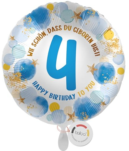 balloa Folienballon 4. Geburtstag Junge, Helium Ballon mit Zahl 4 und Spruch Wie schön, dass du geboren bist, Geburtstagsdeko Kinder, Ballon Geschenk zum Kindergeburtstag Junge, 33cm