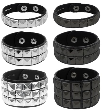 GOMAKERER 6 Stück Punk Armbänder Mit Nieten, 2 Stil Lederarmband Mit Nieten 304 Edelstahl Armbänder Mit Quadratischen Nieten Für Männer Und Frauen