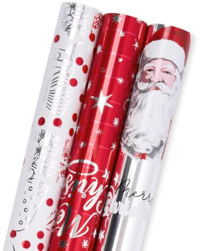3 Rolls Gift Wrapping Paper for Christmas : 43cm x 3M Red White Metallic Glitter Foil Wrapping Paper, for Christmas, Birthday, Wedding, Party, Festival Gift Wrap