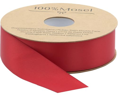 100 % Mosel satinband, i rött (25 mm x 24 m), matt glänsande presentband, ädelt band för dekoration och pyssel, för att packa in speciella gåvor, för bröllop, jul och mycket mer.