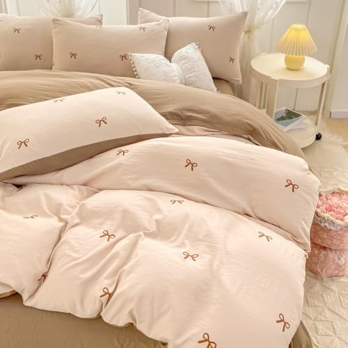 Bettwäsche 135x200 Beige Braun Schleifen Mädchen Wende Bettwäsche-sets | Schleifenmuster,Weich Microfasr,ÖKO-TEX,Aesthetic Cute,Einzelbett,Deckenbezug,Reißverschluss,Kissenbezug 80x80 cm,2teilig