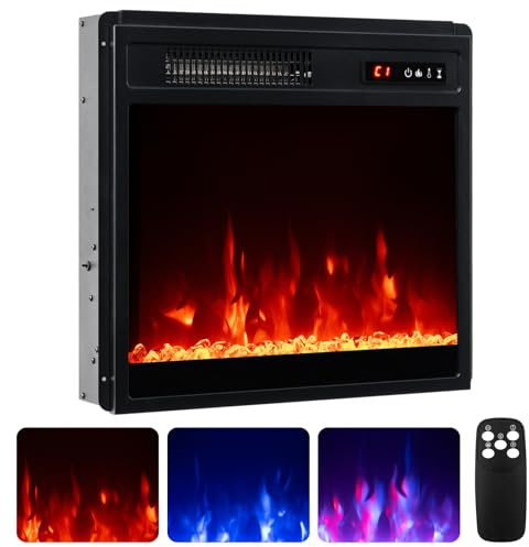 COSTWAY 20”/50cm Electric Fireplace, Recessed Freestanding Fire Heater with 3 Flame Color, 5 Brightness, Thermostat, Timer, Remote Control & Overheat Protection (20”, 750W/1500W, with Crystals)
