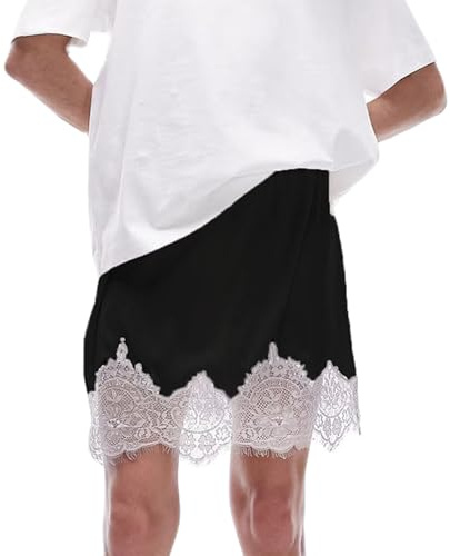 Amiblvowa Women Lace Silk Satin Half Slip Skirt Y2K Low Rise Lace Trim Underskirts Flowy A Line Short Skirt Fairy Mini Skirt