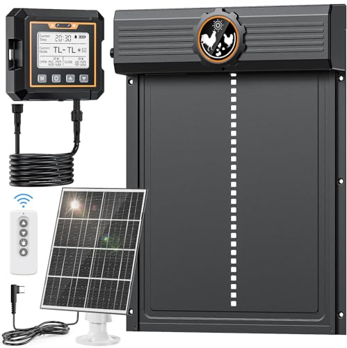 MASTERFUN Große Automatische Hühnerklappe Solar Mit Controller, Aluminum Hühnerklappe Automatisch mit Großes Display, Timer, Fernbedienung, Intelligenter Einklemmschutz Elektrische Hühnertür