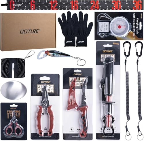 Goture Pro Angelset und Werkzeugset – Angelzange aus 3CR13-Stahl, Filetiermesser, Schärfer, Schere, Fischlippengreifer, Hakenlöser, Lanyards, Waage, Knotenzieher, Geschenke für Angler
