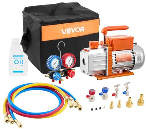 VEVOR Kit Pompe à Vide et Manomètre 4,5 CFM 127 L/Min Pompe à Vide Climatisation à Palettes Rotatives 1 Étage avec Sac de Transport Compatible R134a R22 R410a R1234YF R32 pour Climatiseur Automobile