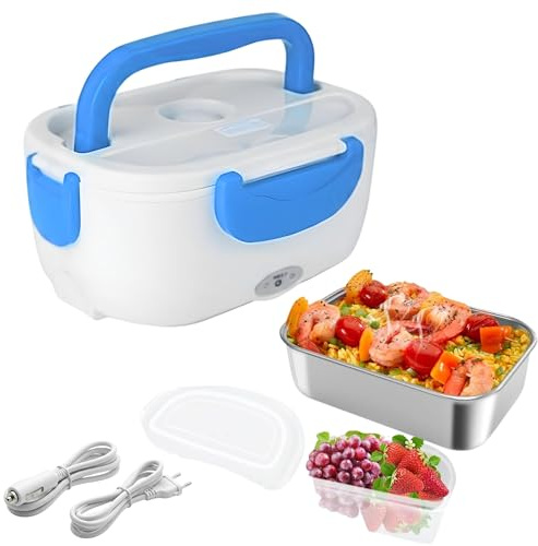 YASTA Scaldavivande Elettrico Portatile in Acciaio Casa Auto con Contenitore Estraibile Lunch Box Termico 2 in 1 Scaldacibo 220V/12V-24V Porta Pranzo con Cucchiaio in Dotazione 01