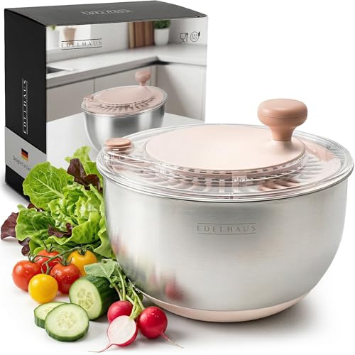 EDELHAUS Salatschleuder Edelstahl 4,5L – Salad Spinner mit Stopp-Taste, Ausgießer & Kurbel | Salatschüssel mit rutschfestem Boden | BPA-frei Salatschleuder mit Deckel | Spülmaschinengeeignet