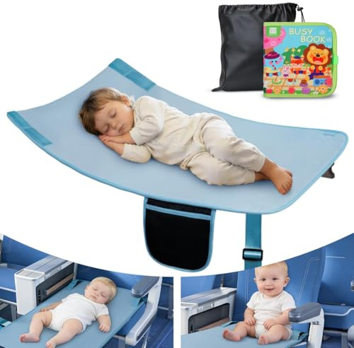 CloudLawn Toddler Airplane Bed for Kids, Airplane Seat Extender with Busy Book, Travel Bed for Flights, Flight Footrest Hammock, Anti-Slip Soft Velvet, Machine Washable, Blue