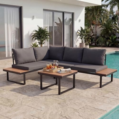 HOMAVO Conjunto Lounge de Jardín 4 Personas, Sofá Exterior con Mesa y Funda Protectora, Muebles de Exterior Resistentes para Terraza y Balcón