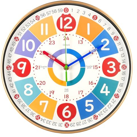 Vicloon Reloj de Pared Infantil,12 Inches Silencioso Reloj Multicolor Educativo Moderno,Reloj de Aprendizaje para Habitaciones Infantiles,Fácil de Leer,Sin Tictac Niños para Niños y Niñas,Habitación