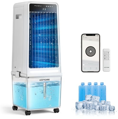 KOMORE 14L Evaporative Air Cooler, 9m/s Velocity, 3-in-1 Portable Air Cooler Fan with Remote/APP, 12H Timer, 3 Modes 3 Speed, LED Lights and Displays, Tower Cooling Fan for Bedroom Home Office Outdoor